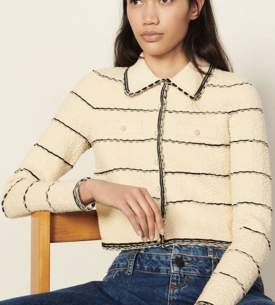 Sandro Paris Sz 0 NWT Pearl Button Textured Contrast Trim Jacket Cream Black